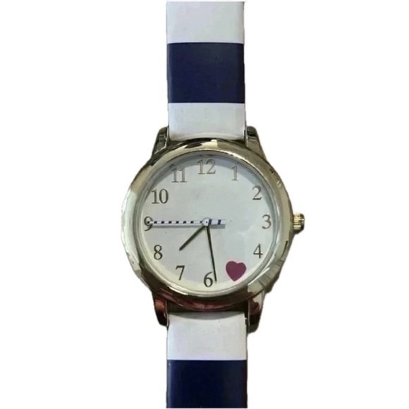Accessories - 🕰️ Calvin Hill Navy & White Striped Watch – Gold Tone – Heart Detail